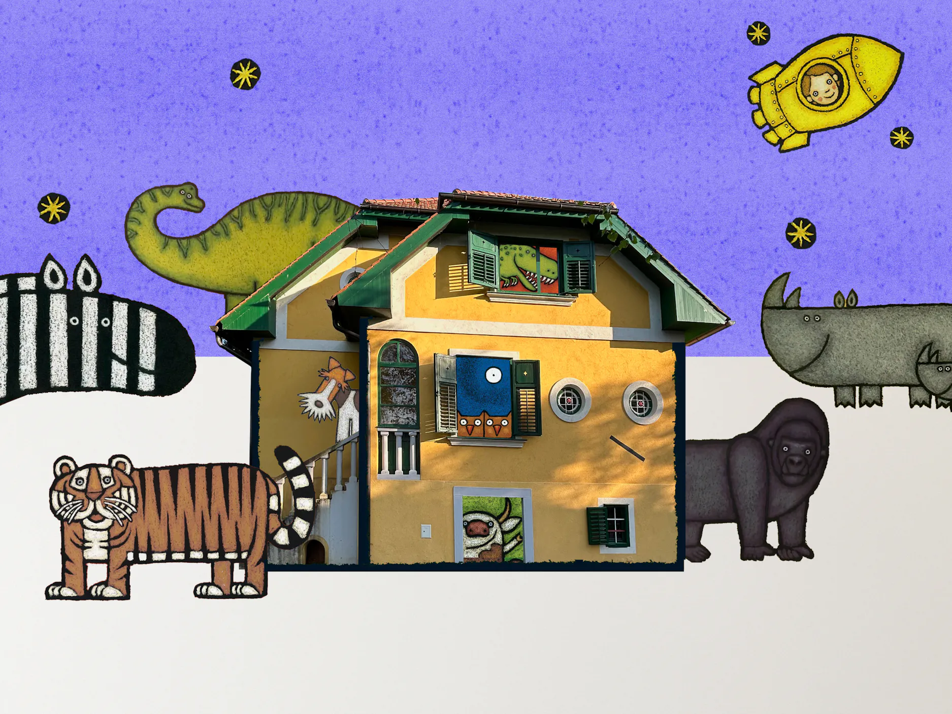 Digitalni kolaž z izrezkom fotografije hiše Lile Prap, okoli njene ilustracije živali